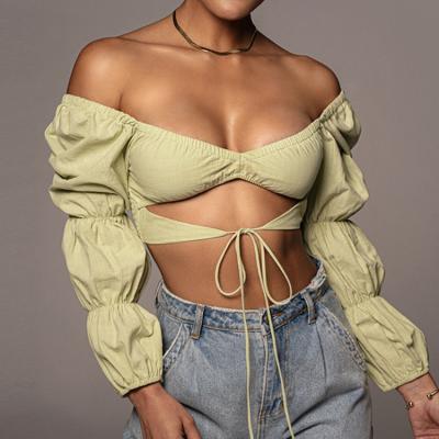 China 2022 New Arrival QUICK DRY Women's Bubble Sleeve Crop Top Hollow Out Strap Pleated Long Sleeve Short T-shirt Blouse For Women for sale