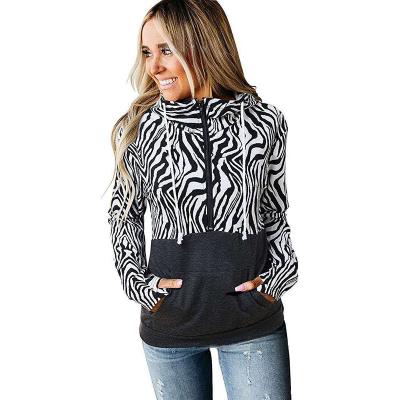 China New viable sports stitching casual loose zipper ladies zebra protection print tops latest long sleeve design hoodies for sale