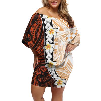 China New Arrival Women Anti-Static Ladies Plus Size Dress Polynesian Tribal Design Custom Made Off Shoulder Dress With Orange Shawl Plumeria Print for sale