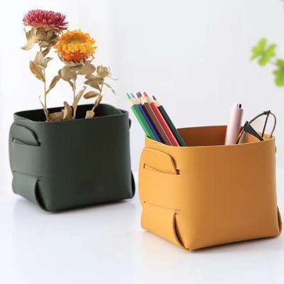 China Multifunctional Viable Organizer Pen Holder Make Up Cosmetic Desk Brush Tray Vase Pu Leather Storage Box for sale