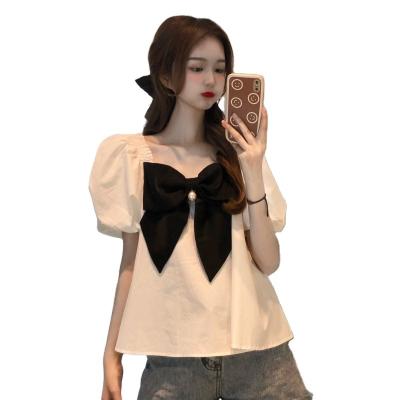 China The other French square collar loose slimming 2022 new main women's short sleeve shirt sister of slightly fat bow chiffon for sale