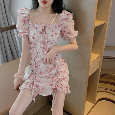 China Washable spring, summer, autumn new women's waist 2022 floral tie-shoulder dress slimming small square collar short skirt for sale