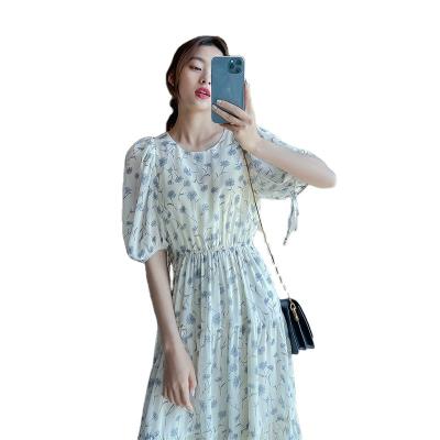 China Washable White Floral Chiffon Dress 2022 Summer New Size Slimming Long Sleeve Wide Edge Dress Puff Sleeve Dress for sale