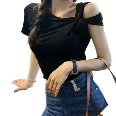 China Other fashion new fashion cross twisted T-shirt women's short-sleeved shirt off-shoulder collarbone top small for sale