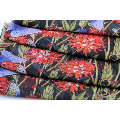 China Large Anti-static Flowers and Butterfly Chiffon Flower Print Chiffon Floral Print Fabric for sale