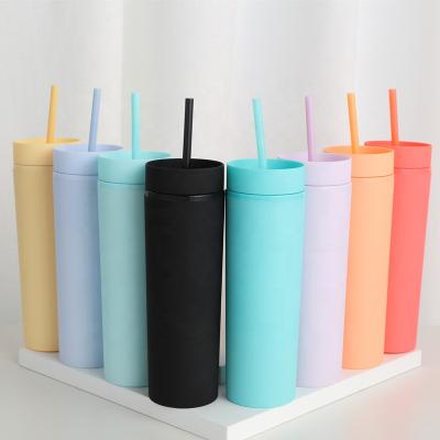 China Durable 16oz Matte Pastel Colored Acrylic Tumblers Double Wall Vinyl DIY Plastic Tumblers With Straw for sale