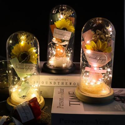 China Luxury High Quality Gift Babysbreath Decoration Holiday Artificial Flowers Rose in Glass Dome with LED Light for sale