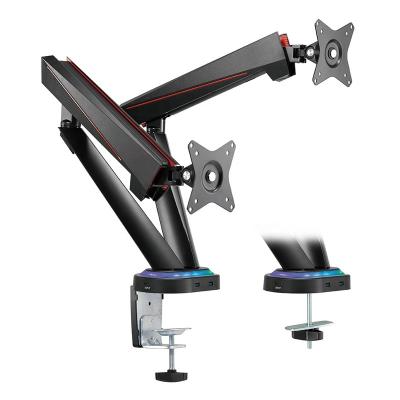 China ARES WING Mechanical Spring Pro Gaming Dual Monitor Steel Arm with USB OEM RGB Lighting Custom Dual Monitor Stand Monitor Desktop Mount for sale