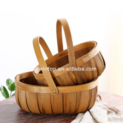 China Factory Direct Nordic Handmade Wooden Chip Woven Basket Portable Flower Basket Viable For Outdoor Picnic for sale