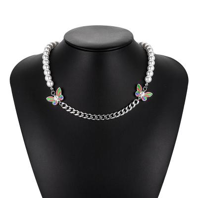 China High Polished Pearl Necklace Unisex Stainless Steel Link Chain Colorful Hip Hop Butterfly Necklace for sale