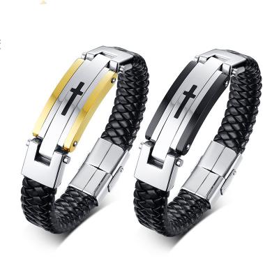 China Wholesale Stainless Steel Cross Stainless Steel Bracelet Charm Leather Men's Bracelet for sale