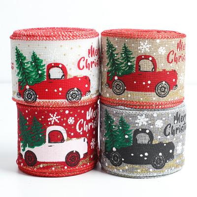 China Free sample factory wholesale high tenacity roll burlap with car printing ribbon as stock for christmas decoration for sale