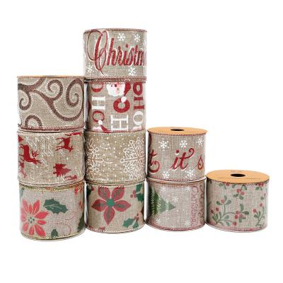 China Factory 6.3cm nature high tenacity Lanxi Zhixiang canvas fabric with print cable ribbon by Christmas for tree or garland decoration for sale