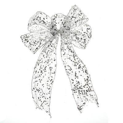 China Factory wholesale high tenacity organza ribbon bow with silver sheen and both side gold wired edge for sale