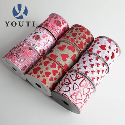 China Sustainable Custom Printed Valentine Decorative Ribbon Wired Edge Red Heart Ribbon Print for sale