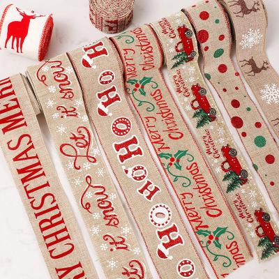 China Custom Wholesale Natural Canvas Viable Logo Ribbon Printed Wired Burlap Christmas Cloth Christmas Ribbon Bun Decoration for sale