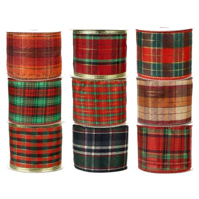 China Sustainable High Quality Plaid Wired Ribbon Plaid 63mm Recycled Plaid Christmas Burlap Cable Edge Ribbon For Party Decoration for sale