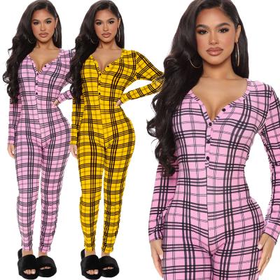 China QUICK DRY fashion v-neck tulum wholesale price plaid jumpsuit polyester casual skinny jumpsuit for ladies for sale