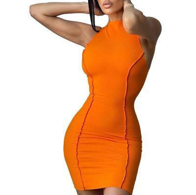 China Fashion anti-static polyester vestido low price orange sleeveless bodycon party wear short dress for ladies women for sale