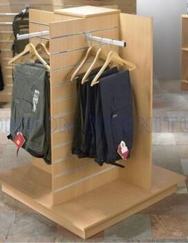 China Garment Clothing MDF Wood Slatwall Display Stands With Metal Hangers for sale