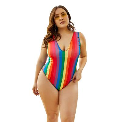 China Sexy conservative one-piece triangle rainbow belly cover backless plus size swimsuit plus print for sale