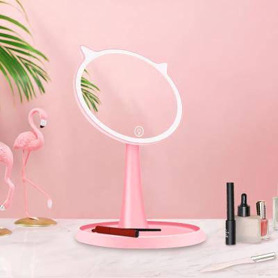 China Cat Ear Vanity Mirror Lighted 10x Magnifying Desk Mirror With Led Light Usb Use 3 Colors Led Light Flat Mirror for sale