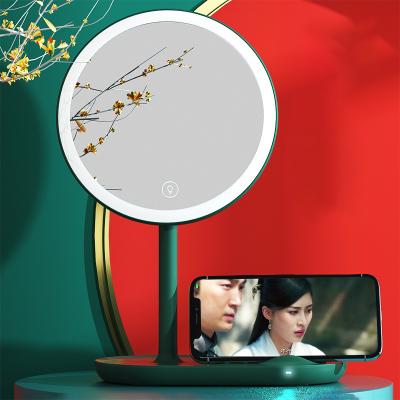 China Desktop Radio Lighted Charging Light Smart Three-color Led Makeup Mirror Stepless Dimming Makeup Mirror for sale