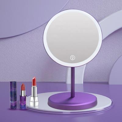 China 2021 Compact Round Plastic Lovely Desk Lighted Makeup Desk Mirror With Led Light for sale