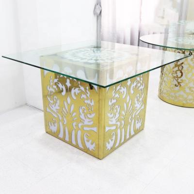 China Contemporary Clear Glass Square Stainless Steel Bar Top LED Bar Table Wedding Cake Table Bar for sale