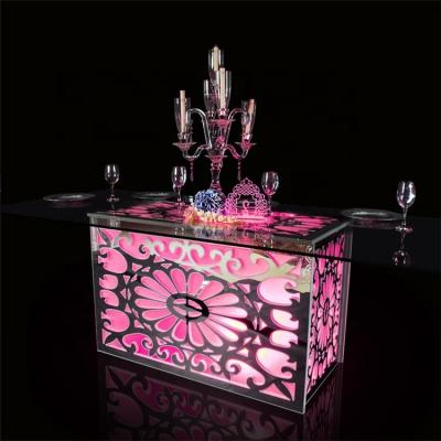 China New Pattern Glass Set Cut Out LED Mirror Glowing Square Tempered Glass Dining Table for sale