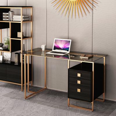 China Luxury Luxury Modern Golden Leg Grey Tempered Glass Top Office desk Hot Sale Table Wood Computer Desk  Bedroom Study Desk file cabinet for sale