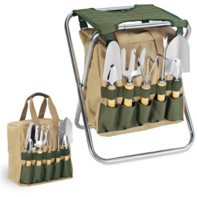 China 5-Piece Work Tool Yard Gardening Tool Kit With Tote And Folding Seat for sale