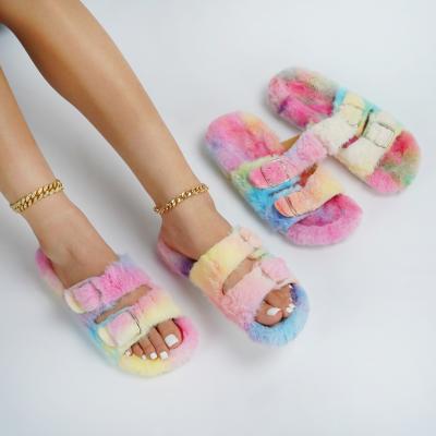 China Women's Open Toe Slides Warm Indoor Bedroom Plush Fur Slippers Comfort Slippers Fashion Flat Faux Fur Open Toe Slippers for sale