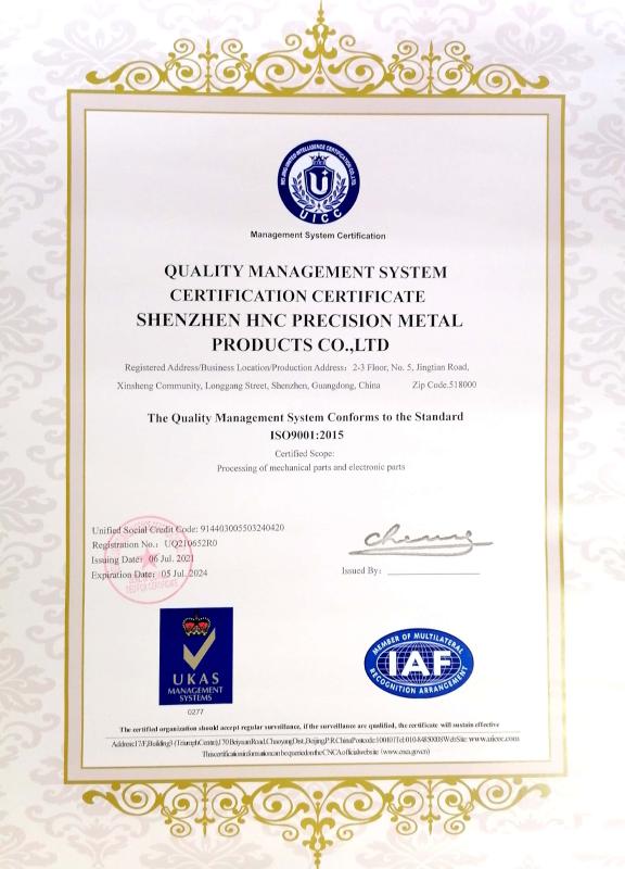 ISO9001 - Shenzhen H.n.c Precision Metal Products Co., Ltd.