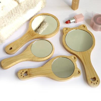 China Cat shape cosmetic use salon tools maker personalized beauty makeup hand held wooden mirror with handle for sale