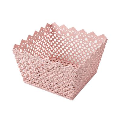 China Viable Decoration Square Lace Sundries Storage Box Cosmetics Organizer Fruit Basket Storage Container Kitchen Plastic Drainage Basket for sale