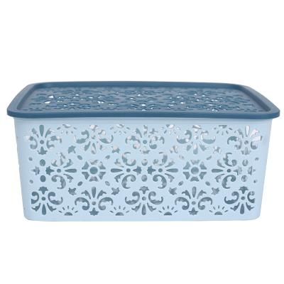 China Sustainable Plastic Lace Rattan Sundries Storage Basket Bathroom Organizer Decorative Woven Cosmetics Storage Box Basket With Cover Handle for sale