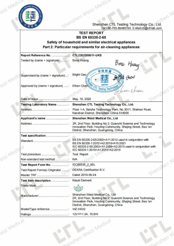 Negative Hydrogen Oxygen Ion Generator- Appliance Certification - Shenzhen Weizi Medical Co., Ltd.