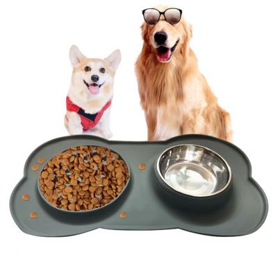 China Viable Dog Stainless Steel Rolls No Puddle Food Cup Silicone Non-Slip Mat with Pet Feeder Bowl for Medium Large Dogs for sale