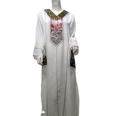 China 2021 New Abaya Floral Print Women Clothing White Ethnic Sequin Breathable Women's Dresses Custom Muslim Dress Clothing for sale