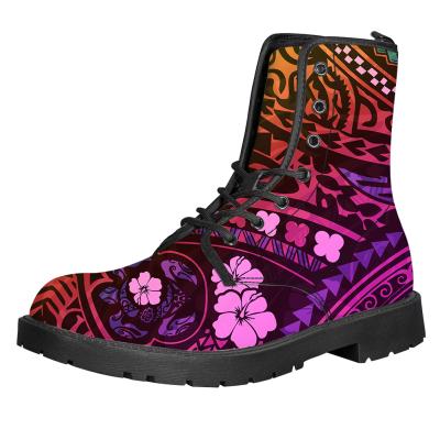 China Wholesale Hawaiian Tribal Toe Pattern Round Toe Women's Shoes Pink Ladies Lace Up Boots Custom Design and Logo Customizations for sale