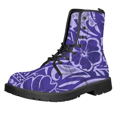 China New Hawaiian Polynesian Lace Up Boots Customized Design Round Logo Ladies Winter Boots Purple Hibiscus Pattern for sale