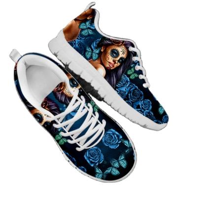 China Fashion Trend Rose Flower Design Women Blue Sneakers Tennis Shoes Gym Workout Essential Casual Shoes for sale