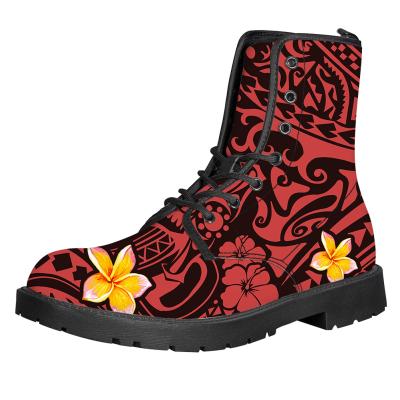 China Round women's boots, Polynesian red pattern with frangipani lace-up boots, custom women's shoes wholesale for sale