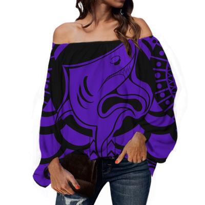 China Anti-pilling Women's Shirt Tribal Shark Print Polynesian Striped Purple Strapless Chiffon Long Sleeve Top Wholesale for sale