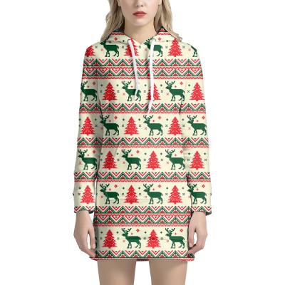 China Custom Solid Color Oversize Women's Reindeer Tree Print Anti-wrinkle Factory Christmas Hoodie Dress Christmas Dinner Outfit With Pockets for sale