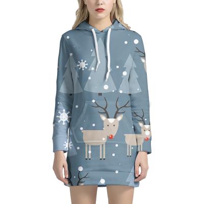 China 2021 Anti-wrinkle Cute Oversized Hoodie Dress With Pockets Womens Christmas Tree Cartoon Cute Reindeer Pattern Sweater Gray Blue Wholesale for sale