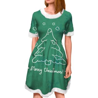 China 2021 Hot Sale Girls Christmas Costume Christmas Tree Reindeer Snowflake Green Breathable Pattern Printing Ladies Pajamas Dress Wholesale for sale