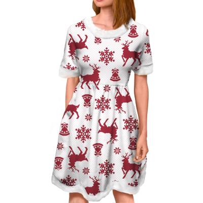 China Wholesale 2021 Breathable Traditional Red Bell Reindeer Snowflake Printing Pattern Christmas Evening Dress Seamless Wholesale Ladies Dress for sale