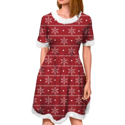 China Breathable Traditional Christmas Elements Snowflake Matching Pattern Red Print Customized Dress Girls Christmas Wholesale Dress for sale